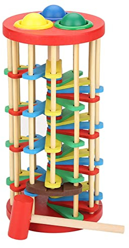 VGEBY Wooden Ball Drop Toy,Pound Roll Ramp Toys Roll Wood Tower with Hammer Hammering & Pounding Toys for Toddlers Early Development & Activity Toys Ball Drop Hammer