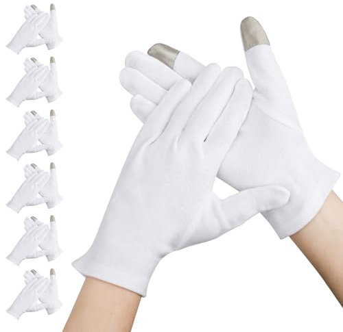 Segbeauty Weiße Handschuhe, 6 Paar Baumwollhandschuhe mit Touchscreen, Baumwollhandschuhe Neurodermitis, Weiße Stoffhandschuhe Waschbar, Handpflege Handschuhe für Ekzeme (L)
