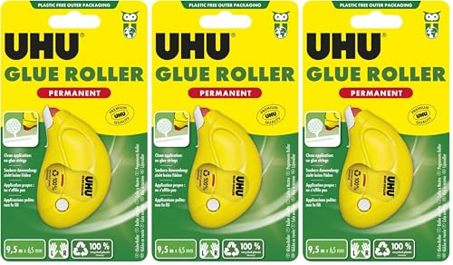 UHU Roller de colle permanent - Colle de façon permanente, rapide, propre, précis et instantané, sans solvants, transparent, 9,5 m x 6,5 mm (Lot de 3)