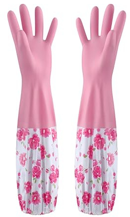 JYJLLM Long Sleeve Floral Glove - 46cm Warm Lined Rubber Cleaning Glove for Household, Dishwashing, Gardening & Outdoor Work (Pink)