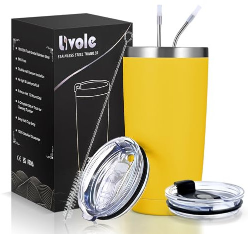 Livole 600ml Thermobecher Kaffee to go, 20oz Isolierter Trinkbecher mit Henkel, Edelstahl Trinkbecher mit Deckel und Strohhalm, Doppelwandig Coffee to go Becher Thermo, Reisebecher, Tumbler, Gelb