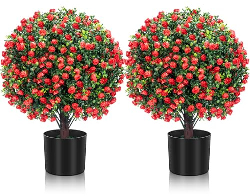 Zeyune Paquete de 2 rosas artificiales de 21.6 pulgadas, arbusto artificial realista para exteriores, plantas topiarias artificiales en maceta, resistentes a los rayos UV, para decoración del hogar,