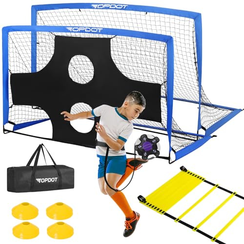 Lot de 2 buts de football pour enfants - 180 x 120 cm - Pour l'entraînement dans la cour et les jeux de sport gonflables en plein air - Comprend football, échelle, cône, butée de tir, kicktrainer et