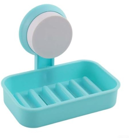 Solution de salle de bain améliorée avec porte-savon auto-drainant et ventouse (bleu)