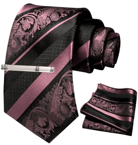 JEMYGINS Herren Krawatten Set mit gemischtem Rosen und Streifenmuster inklusive Krawattenklammer und Taschentuch