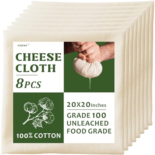 Cheese Cloths, 8 Pack Large 20x20 Inches Precut Cheesecloth For Straining - Unbleached Organic 100% Cotton Fine Mesh Muslin Cloth With 4 Overlocked Edges, Grade 100 For Making Butter, Milk, Juice