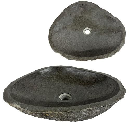 Lendo Online Waschbecken oval Flussstein - Naturstein - Waschtisch für Badezimmer - Aufsatzwaschbecken - Handwaschbecken - Grau (Grau, 46-53x34-40cm)
