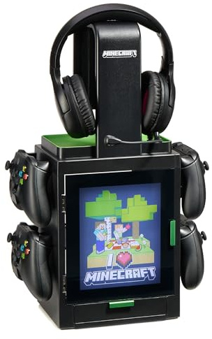 Numskull Minecraft LED Gaming Locker for PS4 PS5 Xbox Series X|S, Fan Gift | Controller holder and headset stand with multiple LED settings. For PS4, PS5, Xbox Series X|S.