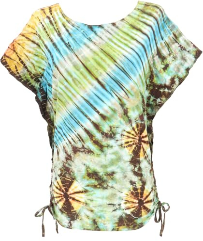 GURU SHOP Batikshirt mit Fledermausärmeln, Lockeres Batikoberteil, T-Shirt - Salbei, Damen