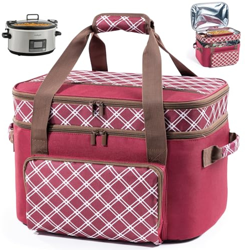 BAGSPRITE Double-Layer Slow Cooker Carrier Bag for 6-8 Quart Crock Pot Oval | For CrockPot & Hamilton Beach; insulated travel tote with lid strap and utensil storage for potlucks, partie and holiday gift
