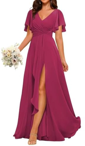 Vestidos de dama de honor de princesa, vestidos de gasa con mangas con vuelo, vestido largo para fiesta de noche, vestido largo con abertura, ZM228, fucsia, 40