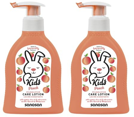 sanosan Bodylotion Kinder mit Pfirsich Duft 2x 200 ml | Body Lotion mit Bio Olivenöl & Milchprotein - Hautpflege, Körperlotion, Baby Lotion, Creme Kinder trockene Haut