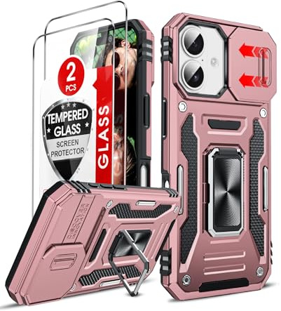 LeYi for iPhone 17 Phone Case with Camera Cover Slider,RoseGold | and 2 Tempered Glass Screen Protector, Ring Stand Holder, Tough Armour Cover Hard Heavy Duty Case for i Phone 17