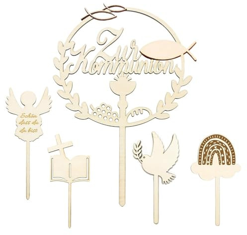 QKEPCY Decoración para Tarta de Comunión de Madera Elegante Cake Topper Bautizo Decoración Tartas Cumpleaños para Celebraciones Especiales (Blanco-3)