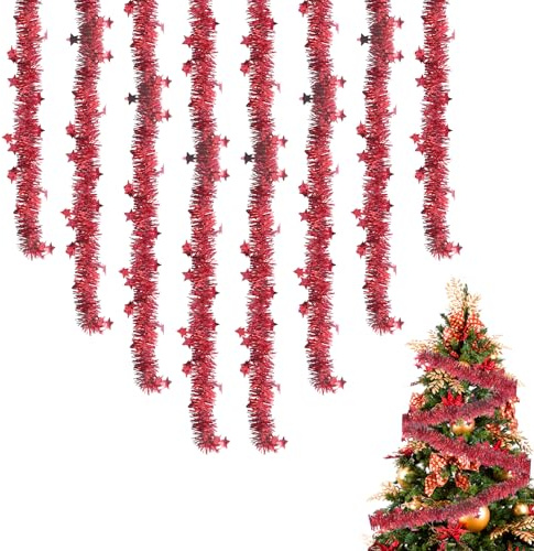 8 guirnaldas de espumillón navideño, 2 m, guirnalda decorativa navideña con lentejuelas brillantes en forma de estrella, guirnalda de Navidad para exteriores, decoración de árbol de Navidad para