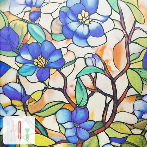 Window Privacy Film, Stained Glass Style Floral Window Clings for Home Decor, UV Protection & Heat Insulation, Static Cling for Easy Installation, Home Shading Film, 31.5 x 78.74