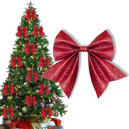 OAKENCREST 12 Pezzi Fiocchi per Albero di Natale, Fiocchi Rossi Albero Natale Grande, per Decorazioni con Ghirlande, Decorazioni da Appendere Alle Porte di Casa e Confezioni Regalo Fai da Te 17×13,5cm