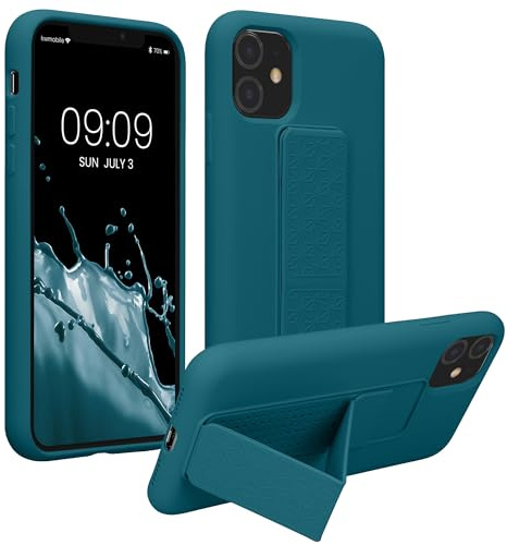 kwmobile Case for Apple iPhone 11 Case - Soft TPU Cover with Silicone Coating - With Hand Strap and Stand Function - Shockproof - Teal Matte