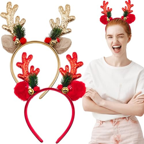 Serre Tete Noel Renne, 2 Pièces Paillettes Serre-Têtes Noël en Bois de Cerf pour Femme Homme Adulte, Rouge Or Bandeau Cheveux d'élan pour Fêtes de Noël Nouvel An Cosplay Déguisement Accessoires