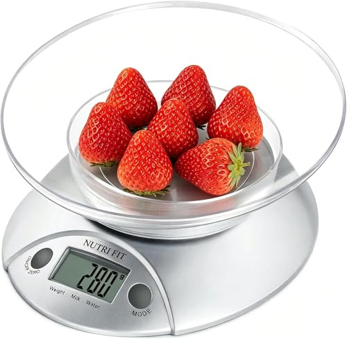 NUTRI FIT Bilancia da cucina digitale con ciotola, bilancia elettronica per alimenti con ciotola da 0,6 litri, misura liquidi in ml e fl. oz, display LCD, 5 kg/11 lb-Grigio argento