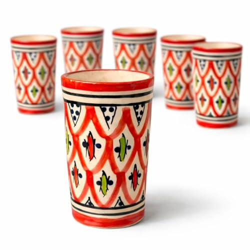 Lot de 6 verres en céramique marocaine peints à la main artisanaux orientaux pour thé à la menthe et au café – Décoration maison ethnique style berbère h.11 cm Ø7 cm – Design géométrique traditionnel