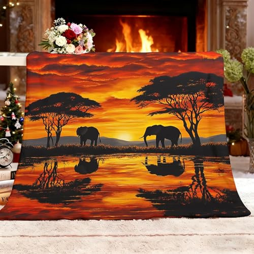 Genérico Manta Sofá XL 150x200cm áFrica Pradera Atardecer Elefante Silueta Franela Mantas Térmica Rojo Anaranjado Manta Cama Multifuncional Esponjosa para Dormitorio Sofá Viajes Camping Blanket