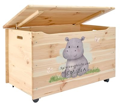 Pinus Spielzeugkiste personalisierbar 90x48x51 cm mit Deckel Rollen | Kiefernholz, Wunschname personalisiert, große Aufbewahrung, für Spielzeug Decken Erinnerungen, Kinderzimmer Geschenk Geburt
