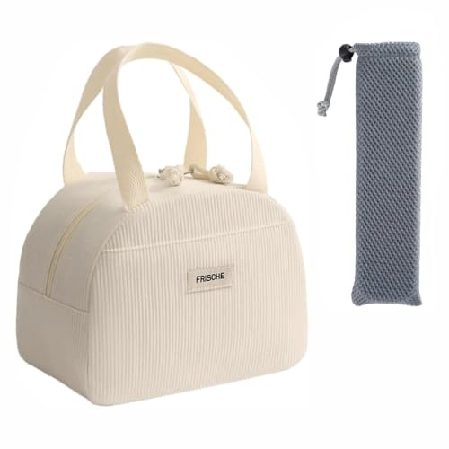 Rainway - Bolsa isotérmica para comida de pana, color blanco roto, con bolsa para cubiertos gris, bolsa isotérmica para comida, trabajo ideal para la escuela, oficina, trabajo y picnics diarios