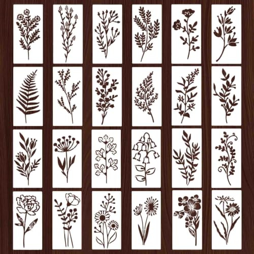 Shalve 24PCS Floral Stencils, plantillas de flores 15x7,5cm, plantillas reutilizables de flores silvestres para pintura DIY, lienzo, madera, tela, paredes, scrapbooking, decoración, aerografía