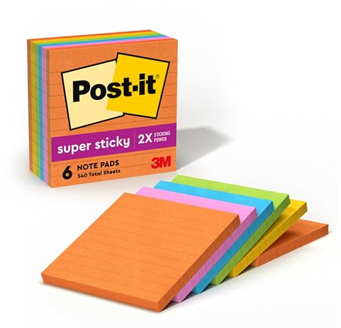 Post-it Super Sticky Lined Notes, 6 Sticky Note Pads, 4 x 4 in., School Supplies, Office Products, Sticky Notes for Vertical Surfaces, Monitors, Walls and Windows, Energy Boost Collection