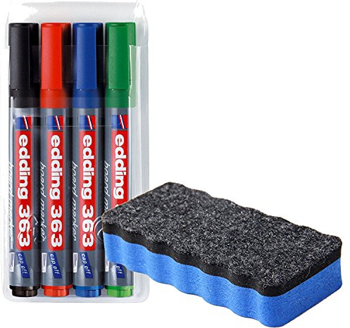 edding 363 Boardmarker (Keilspitze), 4-stück farblich sortiert/Kombi-Set (inkl. Whitboardlöscher blau, magnethaftend)