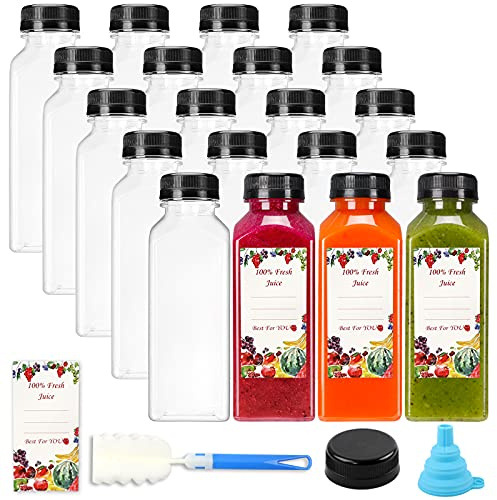 SUPERLELE 20pcs 12oz Plastic Juice Bottles with Caps, Reusable Juicing Bottles, Clear Drink Containers with Lids for Juicing, Smoothie and Other Beverages