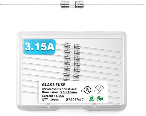 Chanzon 10 Stück VDE Prüf 3,6x10 3,15A Sicherungen Sicherung Glassicherung Glasrohrsicherung Feinsicherung Schnelle Glas Sicherung F3.15AL Glas Ausgeschnitten verzinnt axial bedrahtet 250V