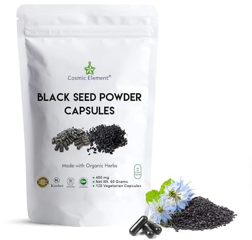 Cosmic Element 100% Pure Black Seed Powder Capsules Organic - Vegan Nigella Sativa 450mg Black Cumin Seeds per Serving for Health - 120 Capsules