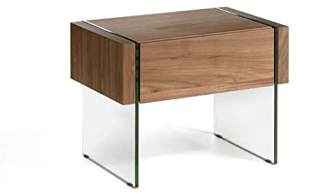 Angel Cerda - Mesita de Noche de Nogal con Laterales de Cristal Templado Antirayado - Cajón con Cierre Soft-Closing - Diseño Moderno y Elegante para Dormitorio - 58 x 39 x 42 cm