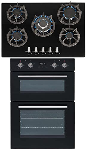 SIA DO102 60cm Black Built In Double Electric True Fan Oven With Digital Timer & SIA R8 70cm Black 5 Burner Gas On Glass Hob With Cast Iron Pan Stands