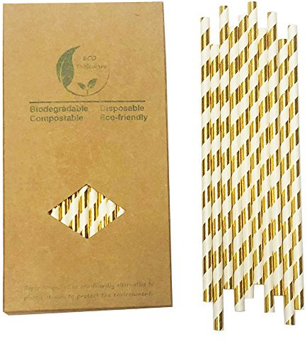 Foil Gold Striped Paper Straws, [100 Pack] Disposable Shiny Golden and White Stripes Drinking Straw Party Cocktail Straws for Birthday Wedding Christmas Party Suppliers