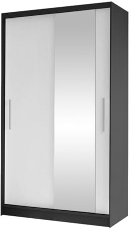 Mirjan24 Kleiderschrank Margite VI mit Spiegel, Kleiderstange und 5 Fächer, Schlafzimmerschrank, Flurschrank, Garderobenschrank, Dielenschrank, Schwebetürenschrank (schwarz/weiß)
