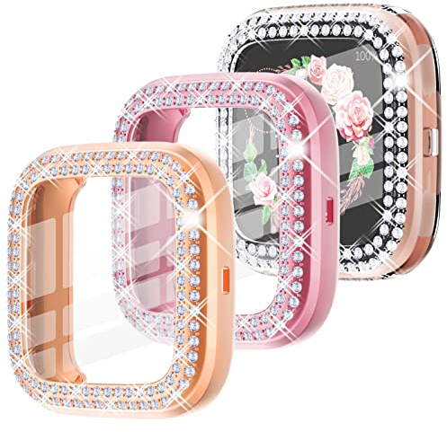 WINGLE 3pack for Fitbit Versa 2 watch Screen Protector Case, Women Bling Case for Fitbit Versa 2 Cover Crystal Diamonds Rhinestone Overall Soft Slim Protective Bumper Shell (Rose Gold, Pink, Clear)