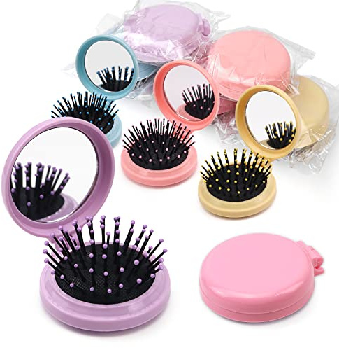 20 Pack Folding Travel Mirror Hair Brushes Round Folding Pocket Hair Brush Mini Hair Comb Compact Travel Size Hair Massage Combor Women and Girls (5Colors)