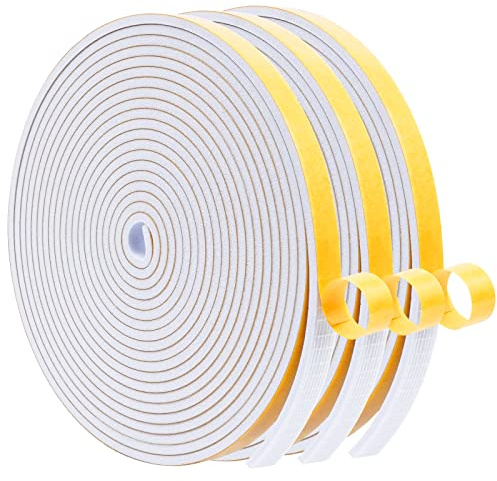 WochiTV Foam Tape Weather Stripping 10mm(W) x 3mm(T) White, Insulation Soundproofing Strips Tape Gasket Seal for Doors and Window Jamb, Sliding Door Frame, Total 15m (3 Rolls, 5M Long Each)