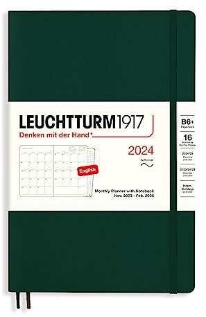 LEUCHTTURM1917 367573 Monatsplaner mit Notizbuch, Softcover, Paperback (B6+) 2024, 16 Monate, Forest Green, English
