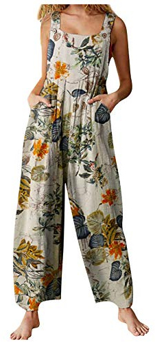 Edhomenn Salopette Estive Multicolore Stile Etnico Collo Quadrato Tuta Senza Maniche Casual Baggy B-Giallo L