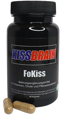 KISSBRAIN® FOKISS - Natürlicher Komplex für Fokus, Konzentration und Sport - Brain Booster - Ausdauer - Gedächtnis | mit Ginkgo, Rosenwurz, Cholin, B-Vitaminen und Vitamin C - 60 vegane Kapseln