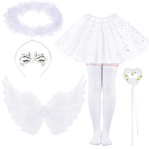 Kavoc 5 disfraces de ángel que incluyen diadema de ángel, falda tutú, alas, calcetines, tenedor para mujeres y niñas, disfraz de Halloween