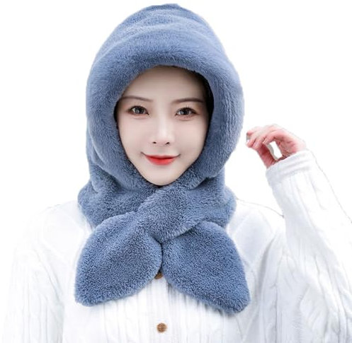 LJRPUPY Warme Kapuzenschal Mütze Ski Schnee Hüte Fleece gefüttert Winter Pelz Kappe Halswärmer für Frauen Mädchen, blau, Einheitsgröße