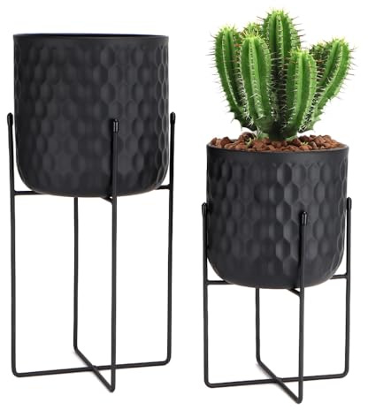 TRIROCKS Set Von 2 Pflanzgefäßen Mit Ständer Innen Außen Metall Pflanzenständer 45cm & 31cm Hoch Moderne Pflanzgefäße Blumentöpfe Für Wohnzimmer Ecke Küche Büro Garten Balkon Dekor (Schwarz)