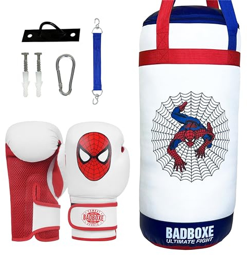 Kids Punching Bag w/Free Boxing Gloves | Junior 2FT Punching Bag Set w/Mount & Hanger | Youth Boxing Bag with Free Boxing Gloves (Spider-Web Punching Bag Set, 2FT Unfilled (Empty – Fill It Yourself))