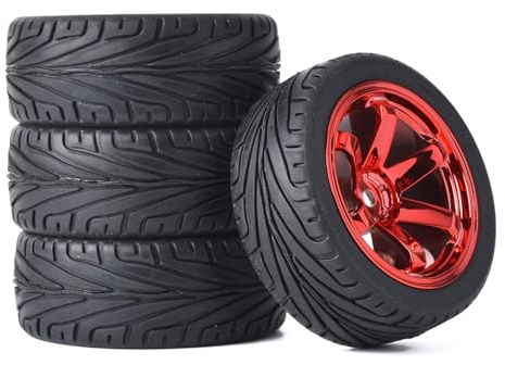 KINGCOO RC Auto Reifen und Räder Set, 4Stück 65mm Gummireifen und Kunststoff Räder 6Speichen Felgen 12mm Hex für 1/10 RC On-Road Touring Racing Auto für HSP HPI Kyosho (Rot)