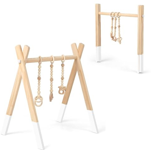 LIFEZEAL Lektrapets, lekbåge, bebis, trä, babylekanordning med 3 leksaker, träleksaker, baby, babygym, vikbar, lektrapets för spädbarn från 3 månader, babyrum, barnrum (vit)